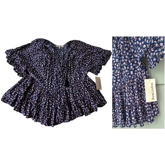 Rewind Tiered Ruffle Flutter Sleeve Cottage Boho Blouse Top Blue Floral M Rayon - Picture 1 of 11